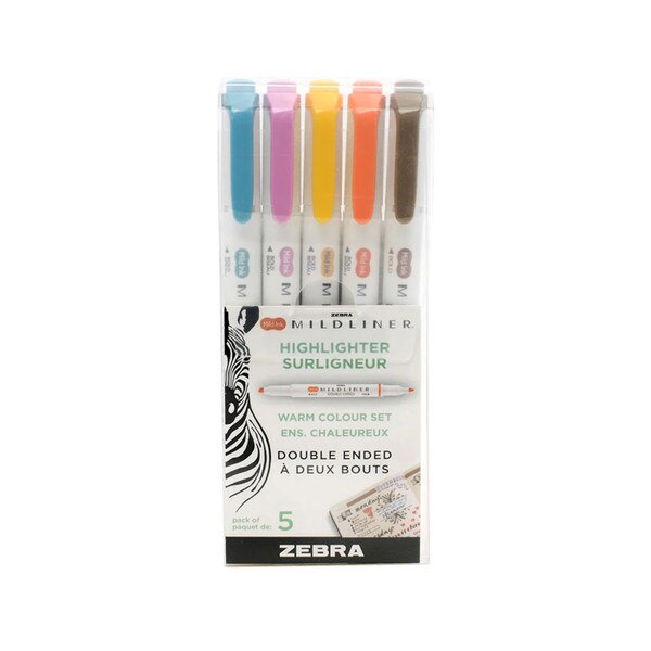 5 pack of double ended highlighters with a bright orange, yellow, blue, purple and brown colored highlighters.